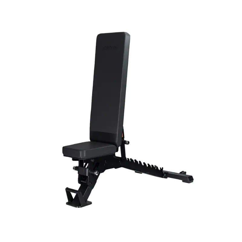 The Jordan JORDAN Adjustable Bench – Flat / Incline / Decline (500kg Rated) features a black padded seat and backrest, sturdy metal frame, and commercial-grade design for strength training. Shown set at an incline on a white background.
