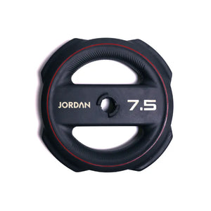 The JORDAN Ignite Pump X™ Rubber Studio Set by Jordan features a black barbell with round, color-rimmed, textured grip plates labeled with their weights, all set against a white background. Sleek design. Studio ready.