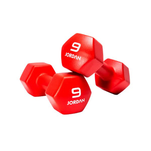 Two black JORDAN Neoprene Studio Dumbbells, each labeled "10 JORDAN" in white, rest on a white surface—stylish, colour-coded hex weights from Jordan for any home or studio gym setup.