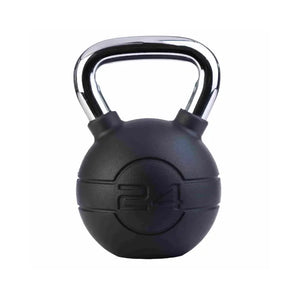 The Jordan Chrome/Rubber Kettlebells – 4kg to 24kg set features a black kettlebell with a chrome handle and "24" embossed on the front. Its durable rubber coating offers added protection, making it ideal for kettlebell enthusiasts. Plain white background.