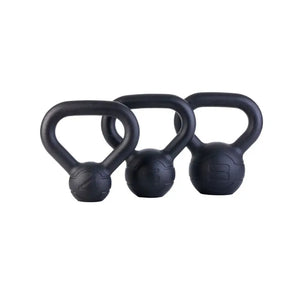 The Jordan JORDAN Cast Iron Kettlebell set features a black, rounded body and thick handle with embossed numbers on the front. BSI approved, it's ideal for strength training or home workouts. Shown on a plain white background.