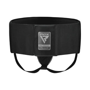 Black RDX Pro Training protective groin guard with wide waistband, adjustable velcro strap, and leg straps, designed for sports or martial arts, shown against a white background.