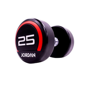 The JORDAN Premium Urethane Dumbbell, a commercial grade black dumbbell with red accents and a white "10" and "Jordan" logo on the end, is ideal for strength training and shown on a white background.
