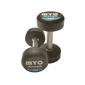 Two MYO Strength Rubber Dumbbells, each labeled 10 KG in black, white, and blue on the end, feature silver handles and a noise-reducing design. Durable and colour-coded, they are shown on a white background.