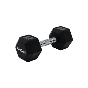 A single black JORDAN Urethane HEX Dumbbell with a silver handle rests on a white surface. Branded "Jordan," this durable, anti-roll weight offers versatile use and stability for lasting gym performance.