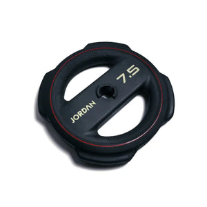 The JORDAN Ignite Pump X™ Rubber Studio Set by Jordan features a black barbell with round, color-rimmed, textured grip plates labeled with their weights, all set against a white background. Sleek design. Studio ready.