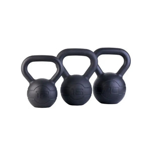The Jordan JORDAN Cast Iron Kettlebell set features a black, rounded body and thick handle with embossed numbers on the front. BSI approved, it's ideal for strength training or home workouts. Shown on a plain white background.