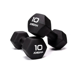 Two black JORDAN Neoprene Studio Dumbbells, each labeled "10 JORDAN" in white, rest on a white surface—stylish, colour-coded hex weights from Jordan for any home or studio gym setup.