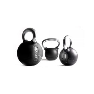 The RAZE Premium Rubber Kettlebell features a smooth black body with an ergonomic chrome handle. The Raze brand logo in raised lettering appears on the side, making it ideal for functional fitness routines. Displayed on a white background.