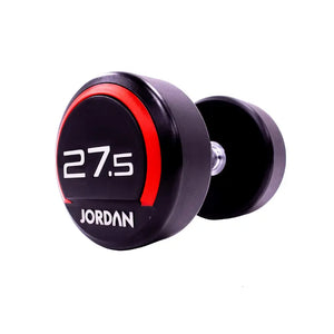 The JORDAN Premium Urethane Dumbbell, a commercial grade black dumbbell with red accents and a white "10" and "Jordan" logo on the end, is ideal for strength training and shown on a white background.