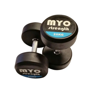 Two MYO Strength Rubber Dumbbells, each labeled 10 KG in black, white, and blue on the end, feature silver handles and a noise-reducing design. Durable and colour-coded, they are shown on a white background.
