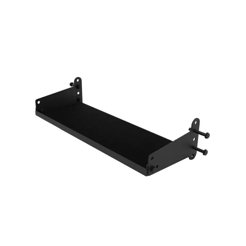 The Jordan J75 Storage Shelf Attachment is a black metal shelf designed for the J75 Compact Power Rack. With a textured surface and side brackets featuring multiple holes for assembly, its ideal for securely holding electronic equipment in your rack setup.
