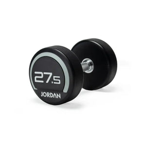 A black and silver Jordan Premium Urethane Dumbbell (commercial grade, 10kg) for strength training is shown on a white background, featuring the "Jordan" name and weight printed on the end.