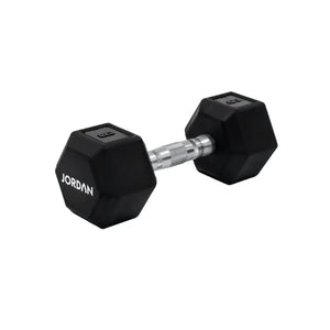 A single black JORDAN Urethane HEX Dumbbell with a silver handle rests on a white surface. Branded "Jordan," this durable, anti-roll weight offers versatile use and stability for lasting gym performance.