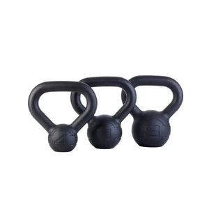 The Jordan JORDAN Cast Iron Kettlebell set features a black, rounded body and thick handle with embossed numbers on the front. BSI approved, it's ideal for strength training or home workouts. Shown on a plain white background.