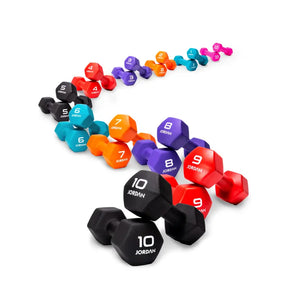 Two black JORDAN Neoprene Studio Dumbbells, each labeled "10 JORDAN" in white, rest on a white surface—stylish, colour-coded hex weights from Jordan for any home or studio gym setup.