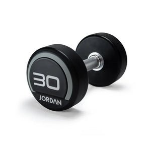 A black and silver Jordan Premium Urethane Dumbbell (commercial grade, 10kg) for strength training is shown on a white background, featuring the "Jordan" name and weight printed on the end.