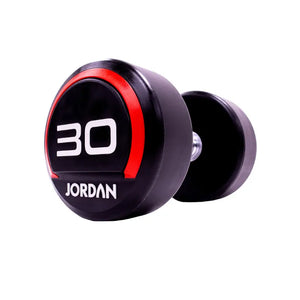 The JORDAN Premium Urethane Dumbbell, a commercial grade black dumbbell with red accents and a white "10" and "Jordan" logo on the end, is ideal for strength training and shown on a white background.