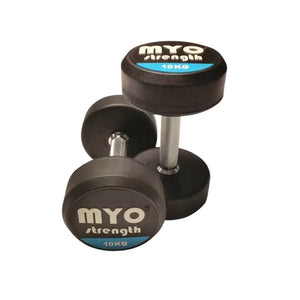 Two MYO Strength Rubber Dumbbells, each labeled 10 KG in black, white, and blue on the end, feature silver handles and a noise-reducing design. Durable and colour-coded, they are shown on a white background.