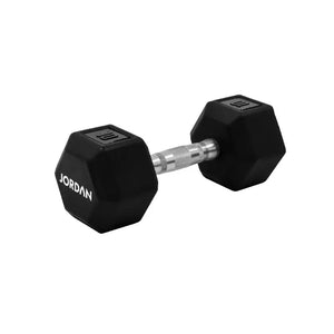 A single black JORDAN Urethane HEX Dumbbell with a silver handle rests on a white surface. Branded "Jordan," this durable, anti-roll weight offers versatile use and stability for lasting gym performance.