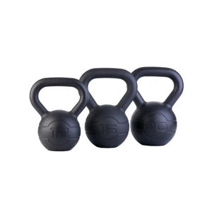 The Jordan JORDAN Cast Iron Kettlebell set features a black, rounded body and thick handles. BSI approved, it's ideal for strength training or home workouts. Shown on a plain white background.