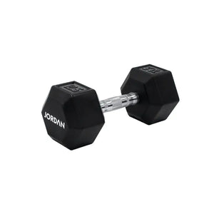 A single black JORDAN Urethane HEX Dumbbell with a silver handle rests on a white surface. Branded "Jordan," this durable, anti-roll weight offers versatile use and stability for lasting gym performance.