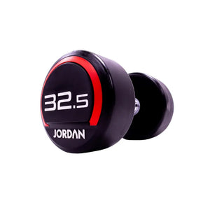 The JORDAN Premium Urethane Dumbbell, a commercial grade black dumbbell with red accents and a white "10" and "Jordan" logo on the end, is ideal for strength training and shown on a white background.