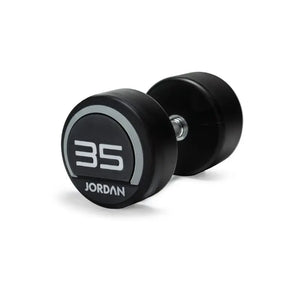 A black and silver Jordan Premium Urethane Dumbbell (commercial grade, 10kg) for strength training is shown on a white background, featuring the "Jordan" name and weight printed on the end.