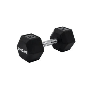 A single black JORDAN Urethane HEX Dumbbell with a silver handle rests on a white surface. Branded "Jordan," this durable, anti-roll weight offers versatile use and stability for lasting gym performance.