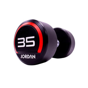 The JORDAN Premium Urethane Dumbbell, a commercial grade black dumbbell with red accents and a white "10" and "Jordan" logo on the end, is ideal for strength training and shown on a white background.