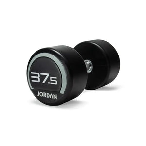 A black and silver Jordan Premium Urethane Dumbbell (commercial grade, 10kg) for strength training is shown on a white background, featuring the "Jordan" name and weight printed on the end.