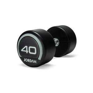 A black and silver Jordan Premium Urethane Dumbbell (commercial grade, 10kg) for strength training is shown on a white background, featuring the "Jordan" name and weight printed on the end.