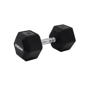 A single black JORDAN Urethane HEX Dumbbell with a silver handle rests on a white surface. Branded "Jordan," this durable, anti-roll weight offers versatile use and stability for lasting gym performance.