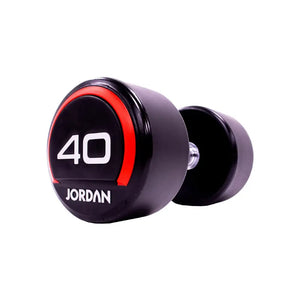 The JORDAN Premium Urethane Dumbbell, a commercial grade black dumbbell with red accents and a white "10" and "Jordan" logo on the end, is ideal for strength training and shown on a white background.