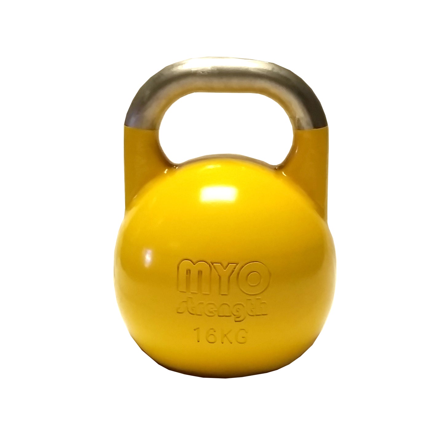 A 16 KG MYO Strength Competition Kettlebell by MYO Strength, yellow with a smooth silver handle, perfect for functional strength training, shown on a white background.