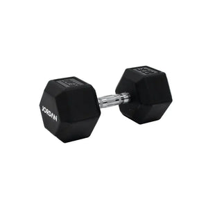A single black JORDAN Urethane HEX Dumbbell with a silver handle rests on a white surface. Branded "Jordan," this durable, anti-roll weight offers versatile use and stability for lasting gym performance.