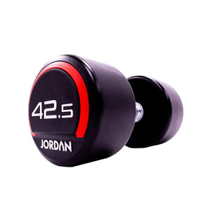 The JORDAN Premium Urethane Dumbbell, a commercial grade black dumbbell with red accents and a white "10" and "Jordan" logo on the end, is ideal for strength training and shown on a white background.