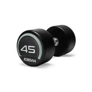 A black and silver Jordan Premium Urethane Dumbbell (commercial grade, 10kg) for strength training is shown on a white background, featuring the "Jordan" name and weight printed on the end.