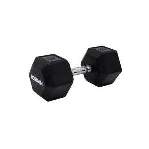 A single black JORDAN Urethane HEX Dumbbell with a silver handle rests on a white surface. Branded "Jordan," this durable, anti-roll weight offers versatile use and stability for lasting gym performance.