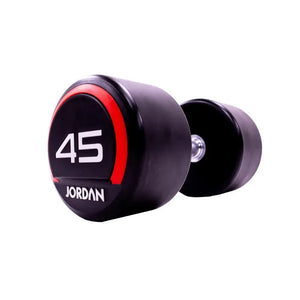 The JORDAN Premium Urethane Dumbbell, a commercial grade black dumbbell with red accents and a white "10" and "Jordan" logo on the end, is ideal for strength training and shown on a white background.