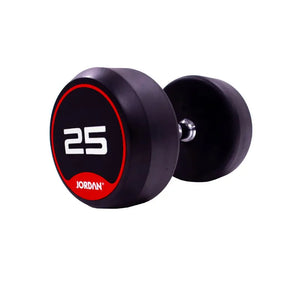 A single black JORDAN Solid Rubber Dumbbell by Jordan, with a red and white label marked "10," is shown on a white background—premium weights perfect for strength and functional fitness routines.