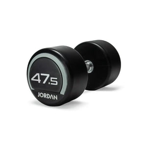 A black and silver Jordan Premium Urethane Dumbbell (commercial grade, 10kg) for strength training is shown on a white background, featuring the "Jordan" name and weight printed on the end.