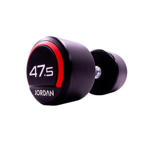 The JORDAN Premium Urethane Dumbbell, a commercial grade black dumbbell with red accents and a white "10" and "Jordan" logo on the end, is ideal for strength training and shown on a white background.