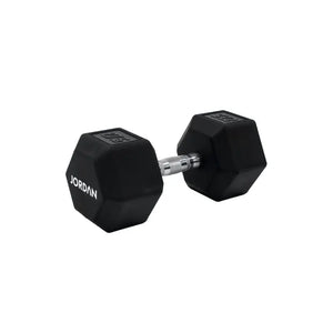 A single black JORDAN Urethane HEX Dumbbell with a silver handle rests on a white surface. Branded "Jordan," this durable, anti-roll weight offers versatile use and stability for lasting gym performance.