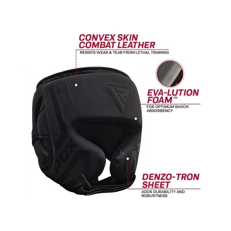 RDX - Noir T-15 Cheek Protector Headguard in black with Maya Hide leather, EVA-Lution Foam, Denzo-Tron Sheet, and cheek protector. Close-up inset shows durable leather texture. White background with red and black text.