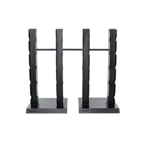 The JORDAN Vertical Dumbbell Storage Racks by Jordan are black, metal, freestanding stands with two bases and slots for 10 or 12 pairs—perfect for organized gyms needing space-saving dumbbell storage.