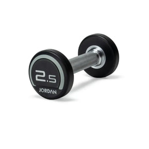 A black and silver Jordan Premium Urethane Dumbbell (commercial grade, 10kg) for strength training is shown on a white background, featuring the "Jordan" name and weight printed on the end.
