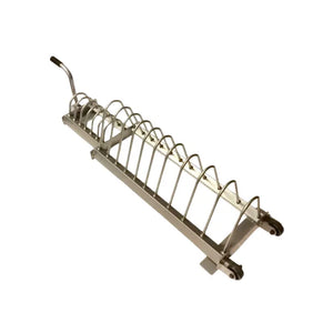 The MYO Strength 16 Slot Olympic Plate Storage Rack is a metal, wheeled plate tree with curved wire dividers and a handle, designed to hold up to 250kg of plates for easy storage and transport.
