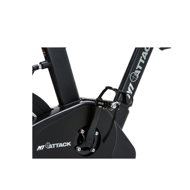 The Attack Fitness M1 Magnetic Studio Bike by Attack Fitness is a black belt-driven indoor cycle with console, featuring an adjustable seat, handlebars, and large flywheel—ideal for indoor cycling workouts against a white background.