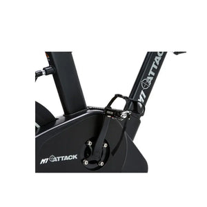The Attack Fitness M1 Magnetic Studio Bike by Attack Fitness is a black belt-driven indoor cycle with console, featuring an adjustable seat, handlebars, and large flywheel—ideal for indoor cycling workouts against a white background.